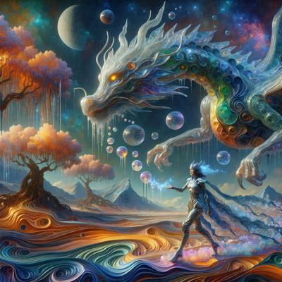 The primary subject of the image is a woman standing in a field, surrounded by a vibrant and colorful environment. The setting includes a tree, a mountain, and a dragon, creating a unique and imaginative scene. The visual style of the image is digital art, with the woman and the dragon being the main focus of the composition. The colors and mood of the image are lively and energetic, with the woman's blue outfit and the dragon's green and white colors adding to the